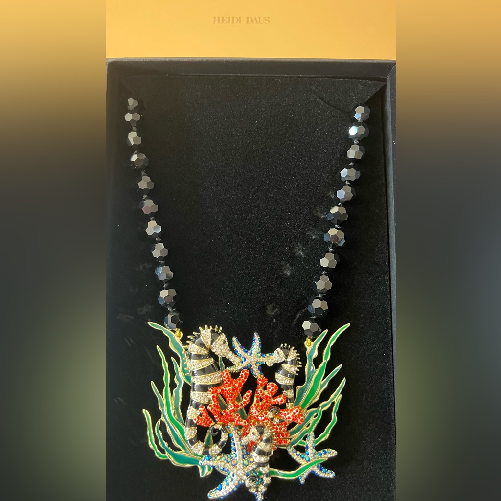 Heidi Daus “Sea-Sonal Garden” Enamel Crystal Beaded Seahorse Reef Necklace
